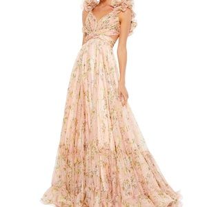 Mac Duggal RUFFLE TIERED FLORAL CUT-OUT CHIFFON GOWN